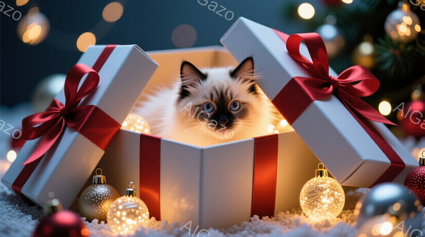 白いギフトボックスの中に、クリーム色の毛並みをした子猫が丸まって座っています。子猫は青い目をしており、少し好奇心旺盛そうな表情をしています。背景には、ぼんやりとしたクリスマスツリーの緑と、キラキラと輝 - AI生成フリー素材