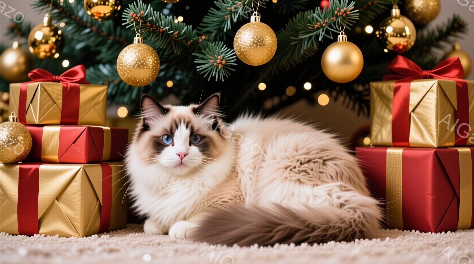 ふわふわとしたクリームと茶色の毛並みを持つラグドール猫が、クリスマスツリーの足元に積み上げられた赤いと金色のギフトボックスの間に横たわっています。猫は澄んだ青い目をカメラに向かって見つめ、リラックスした表情をしています。背景には緑のクリスマスツリーとぼんやりとした光が灯り、暖かく居心地の良いクリスマスの雰囲気を醸し出しています。