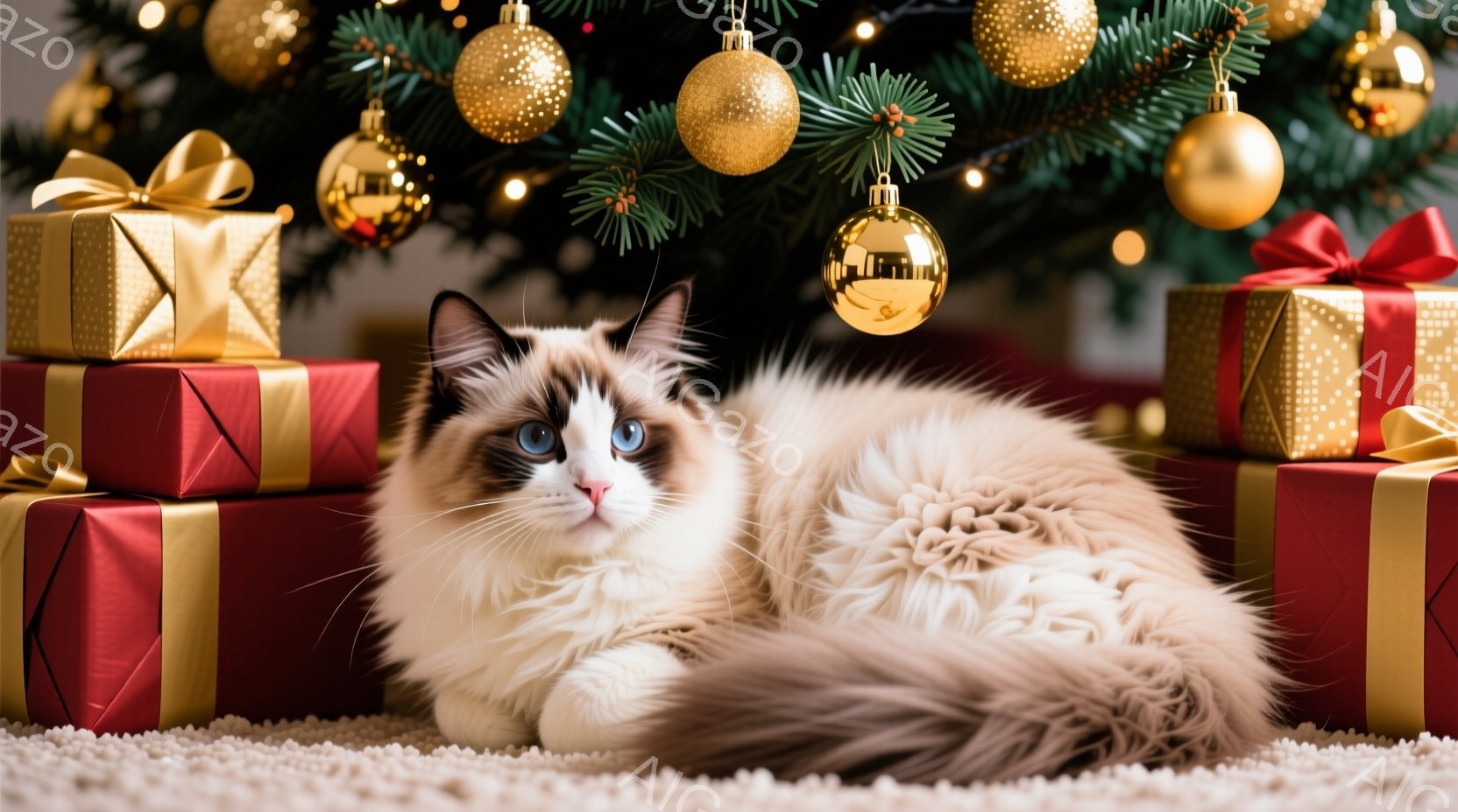 白と茶色の美しいラグドール猫が、赤いプレゼントボックスの間に横たわっています。背景には、金色のオーナメントで飾られたクリスマスツリーがあり、暖かくお祝いの雰囲気を醸し出しています。猫はリラックスした表情で、柔らかい毛並みが特徴的です。