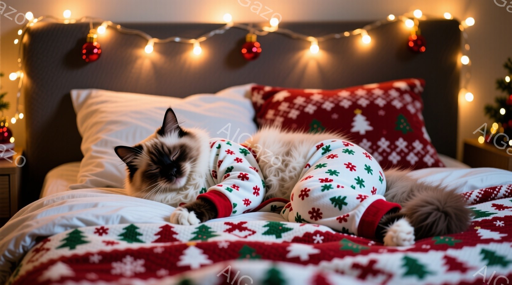 白い毛並みにポイントカラーの猫が、クリスマス柄のパジャマを着てベッドの上でゆったりと仰向けになっています。ベッドには赤いクリスマス柄のブランケットとクッションが置かれ、ベッドヘッドにはクリスマスツリー - AI生成フリー素材