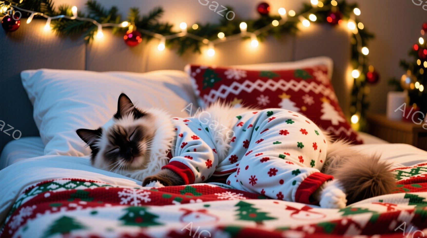 白地に赤い花柄のパジャマを着たシャム猫がベッドの上で丸まって眠っている。背景にはクリスマスツリーとイルミネーションが飾られており、赤いニット柄の枕とシーツが暖かさを演出している。全体的に、リラックスし - AI生成フリー素材
