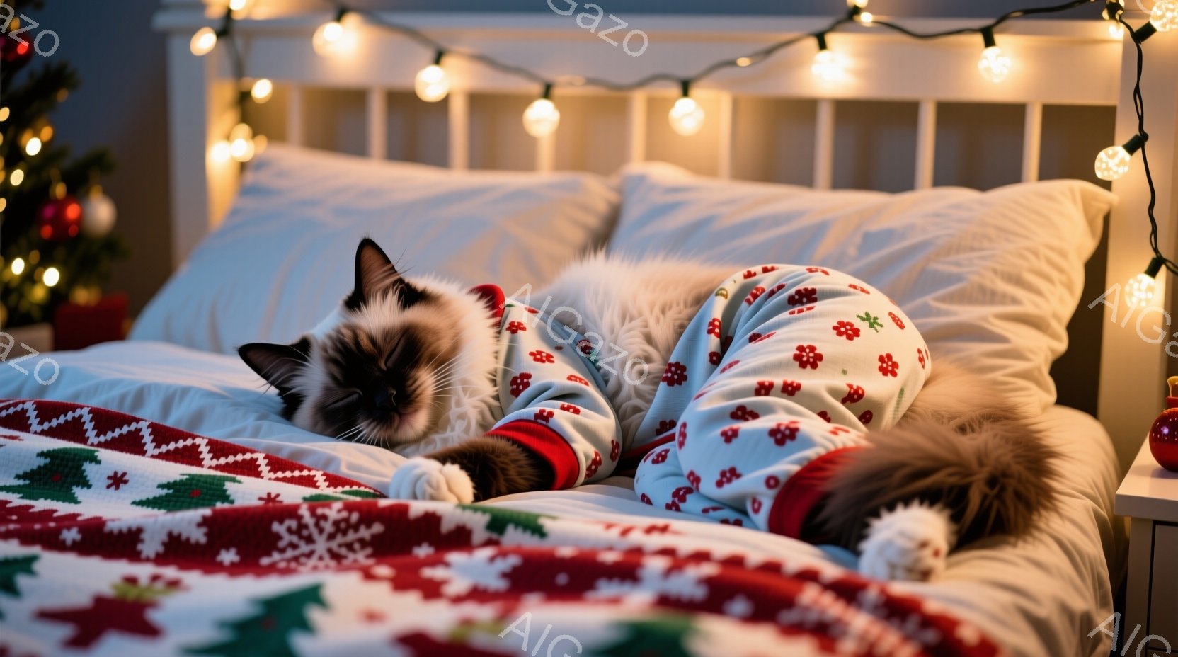 白い毛並みを持つ猫が、赤い袖と足首の部分が特徴的な花柄のパジャマを着てベッドの上で仰向けに寝ています。猫はリラックスした表情で、ふわふわの尻尾がベッドに広がり、暖かく居心地の良い雰囲気を醸し出していま - AI生成フリー素材