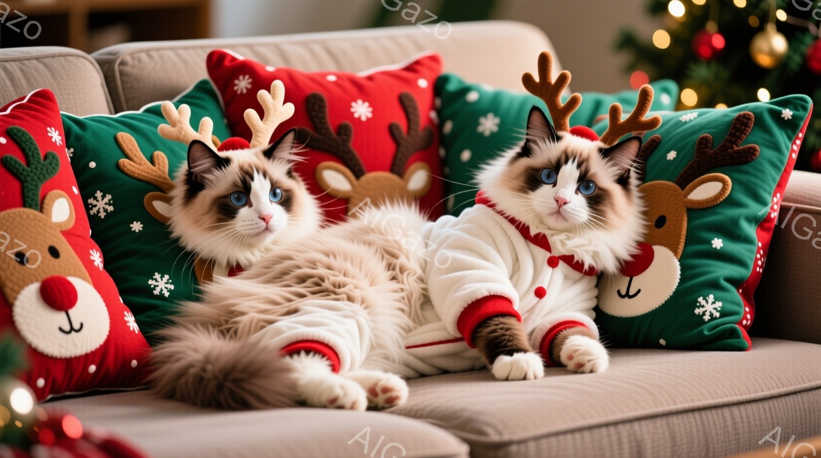 ふわふわのラグドール猫が2匹、クリスマスの柄のクッションに寄り添ってリラックスしています。どちらも赤い襟と角がついた白いセーターを着ており、穏やかで満足そうな表情をしています。背景にはぼやけたクリスマスツリーが見え、暖かく居心地の良い雰囲気が漂っています。