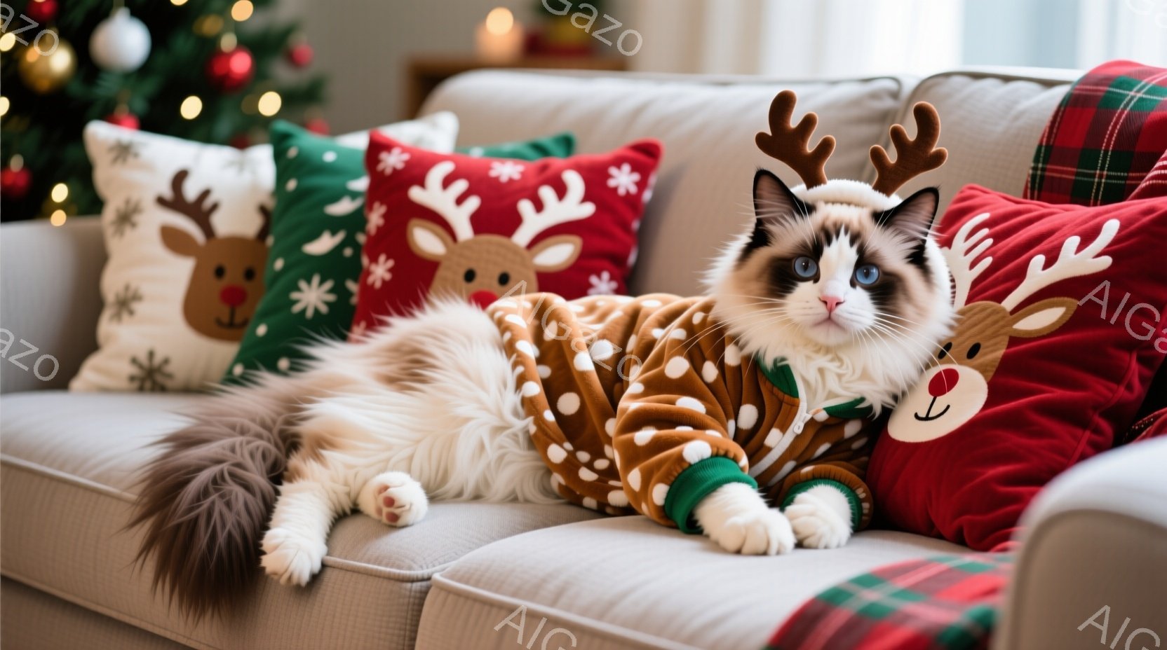 白を基調としたラグドール猫が、トナカイ柄の暖かいジャンプスーツを着て、ソファの上でリラックスして横たわっています。猫は片足をだらしなく投げ出し、穏やかな表情でカメラを見つめており、クリスマスのクッションに囲まれています。背景にはぼやけたクリスマスツリーがあり、暖かく、お祝いの雰囲気を醸し出しています。