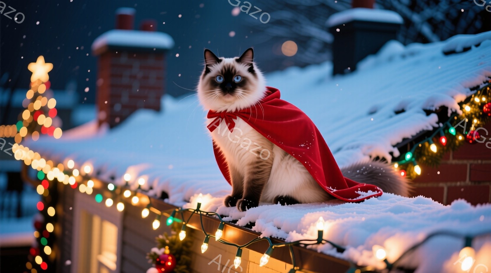白い毛並みと青い瞳を持つ猫が、赤いマントを羽織って雪積もった屋根の上に座っている。背景には、クリスマスツリーの光と、カラフルな電飾が輝き、冬の夜の温かく幻想的な雰囲気を醸し出している。雪景色と電飾のコ - AI生成フリー素材