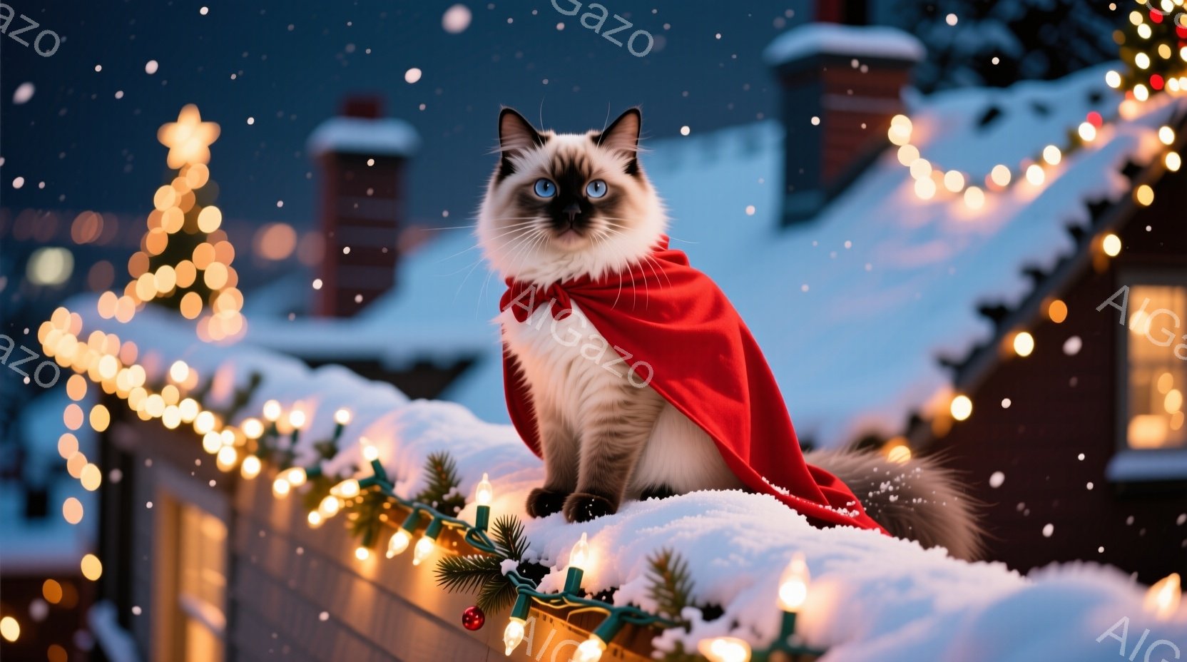 白とクリーム色の毛並みを持つ猫が、赤いマントを羽織って雪に覆われた屋根の上で座っています。背景には、キラキラと輝くクリスマスライトと、雪化粧した建物が見え、まるで冬の夜の物語のような幻想的な雰囲気です。猫は前方をまっすぐ見つめ、穏やかで自信に満ちた表情をしています。
