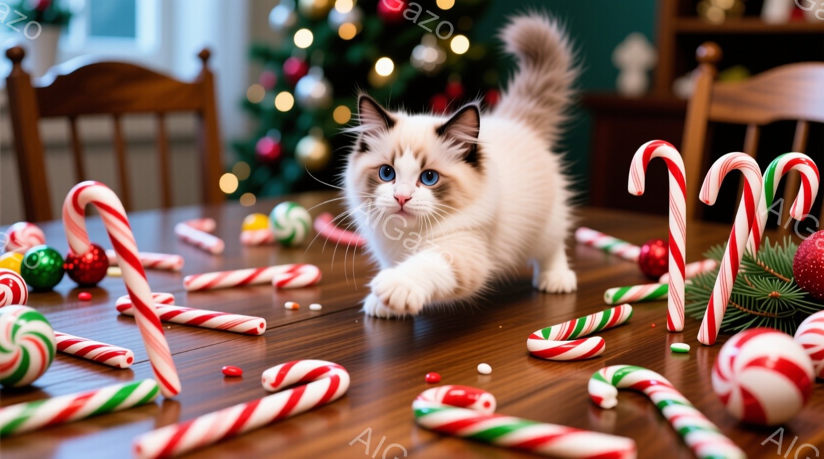 暖炉のある木製のテーブルの上に、ペパーミントキャンディやオーナメントが散らばっています。クリーム色の毛並みで青い目をした子猫が、テーブルの上をよちよちと歩きながら、興味深そうに何かを見つめています。背景にはクリスマスツリーが飾られ、暖かくお祝いムードに満ちた室内空間が広がっています。