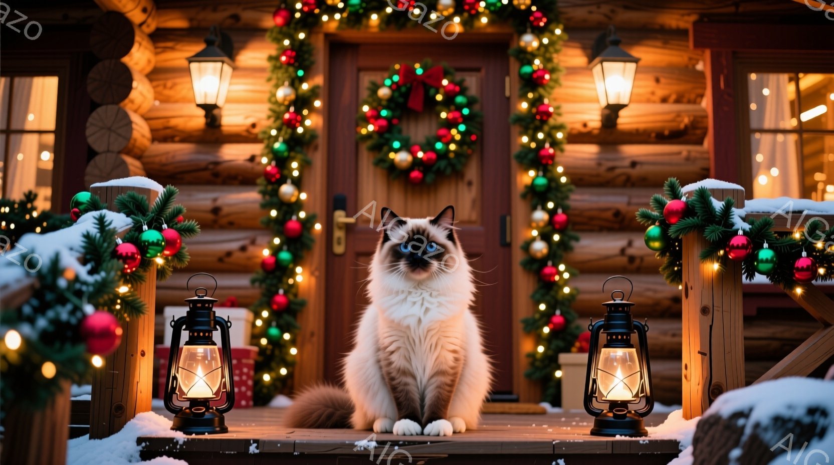 白い足と青い目を持ち、豪華な毛並みのシャム猫が、雪で覆われた家の正面玄関のステップに座っています。家の周りはクリスマス装飾で飾られており、光るガーランド、赤いボール、そして両脇には灯りが点灯したランタ - AI生成フリー素材