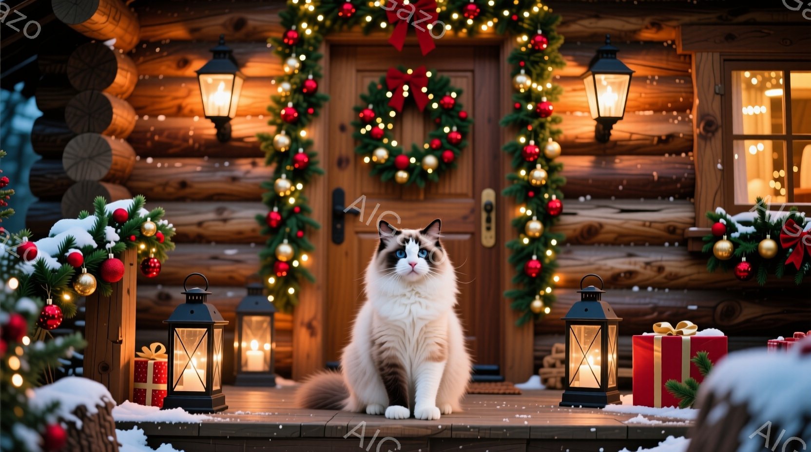 白と茶色の美しい猫が、クリスマスの飾り付けがされた家の玄関で座っています。背景には、クリスマスリースやイルミネーションで飾られた木造の家があり、雪が積もった庭とプレゼントの箱が置かれています。暖色系の - AI生成フリー素材