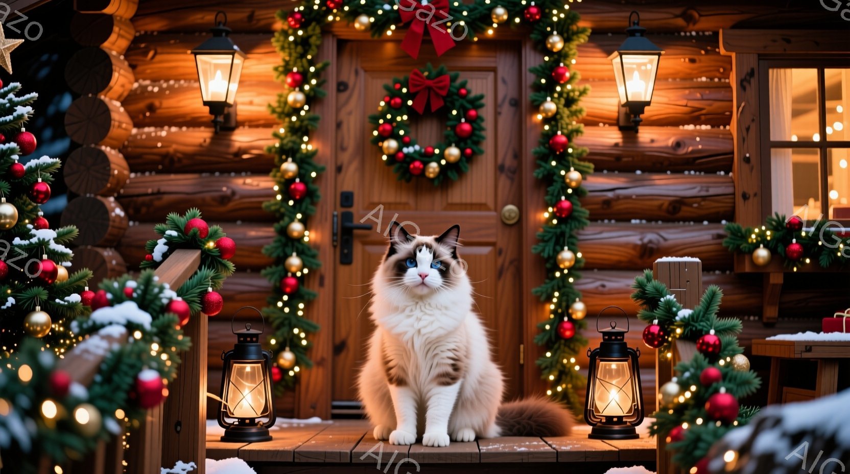 白い足と顔を持つ美しい三毛猫が、クリスマス装飾が施された木造コテージのポーチに座っています。背景には、クリスマスリースやイルミネーション、そして雪で覆われた木々が見られ、温かく祝祭的な雰囲気を醸し出しています。猫は正面をまっすぐ見つめ、落ち着いた表情で、まるでクリスマスの訪問者を歓迎しているかのようです。