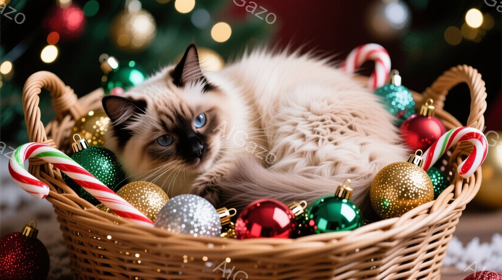 シベリアンハスキーのような毛並みの猫が、飾り付けられたクリスマスオーナメントでいっぱいのバスケットに丸まって眠っています。猫は青い目をしており、リラックスした表情で、背景にはぼやけたクリスマスツリーの - AI生成フリー素材