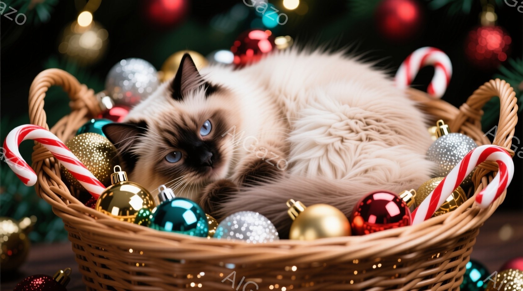 白くてふわふわのシャム猫が、クリスマスオーナメントやキャンディケーンでいっぱいのバスケットにゆったりと横たわっています。猫は青い目を持ち、穏やかでリラックスした表情をしています。背景にはぼやけたクリス - AI生成フリー素材