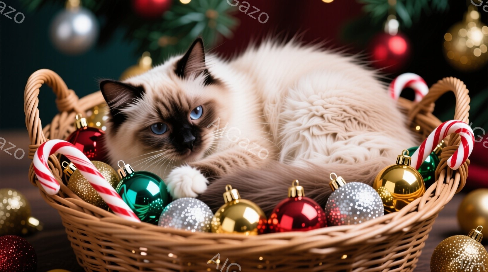 クリーム色の毛並みを持つシャム猫が、クリスマスオーナメントでいっぱいの籐かごに丸まって座っています。猫は青い目を持ち、リラックスした表情で、まるでクリスマスの飾りの一部のように見えます。背景には、ぼやけたクリスマスツリーと、キラキラと輝くオーナメントが散りばめられており、暖かく、お祝いムードに満ちた雰囲気が漂っています。