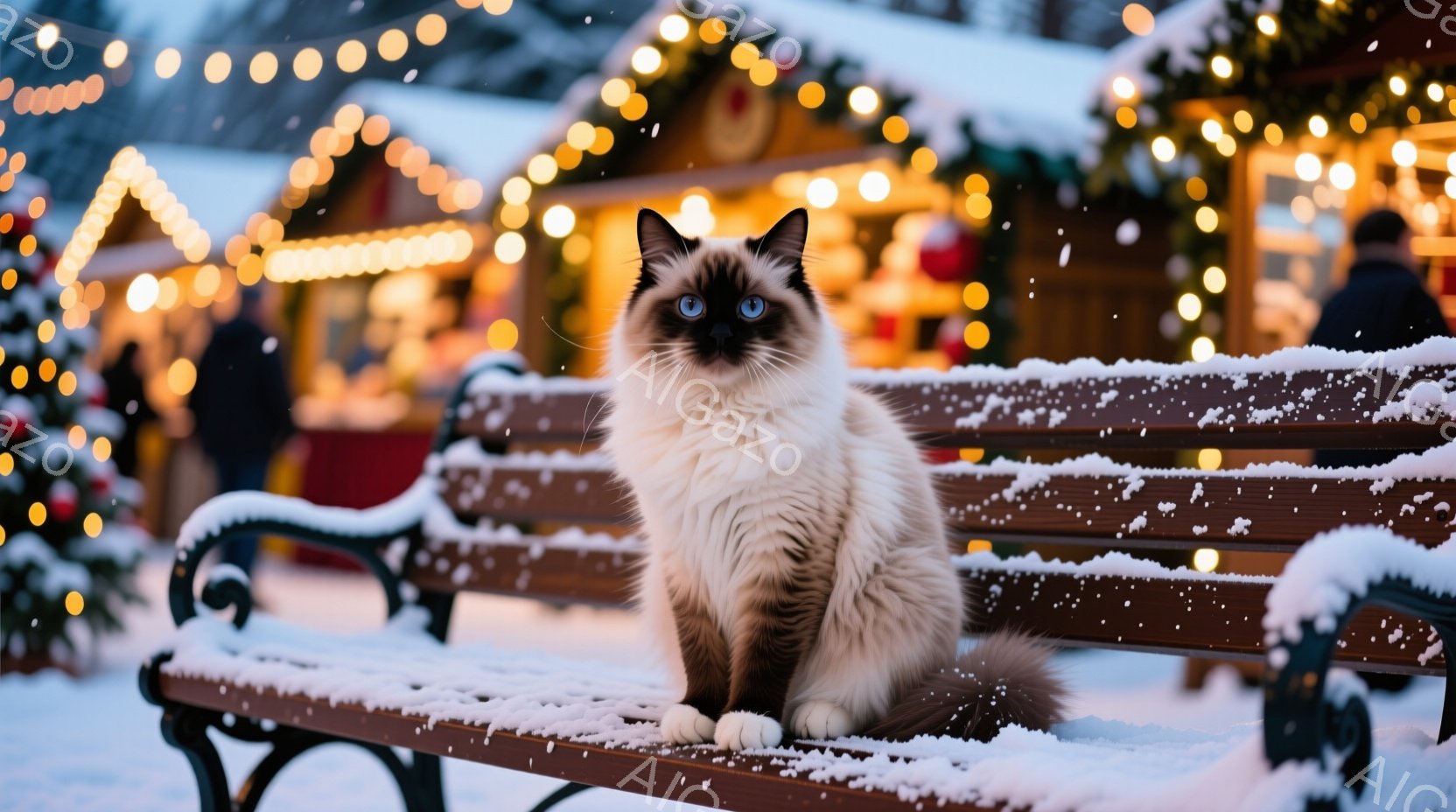 白い長毛のシャム猫が雪の積もった公園のベンチに座っています。背景にはクリスマスのイルミネーションで飾られた屋台や建物がぼやけ、雪が舞い散る冬の夜の穏やかな雰囲気が漂っています。猫は正面をまっすぐ見つめ - AI生成フリー素材