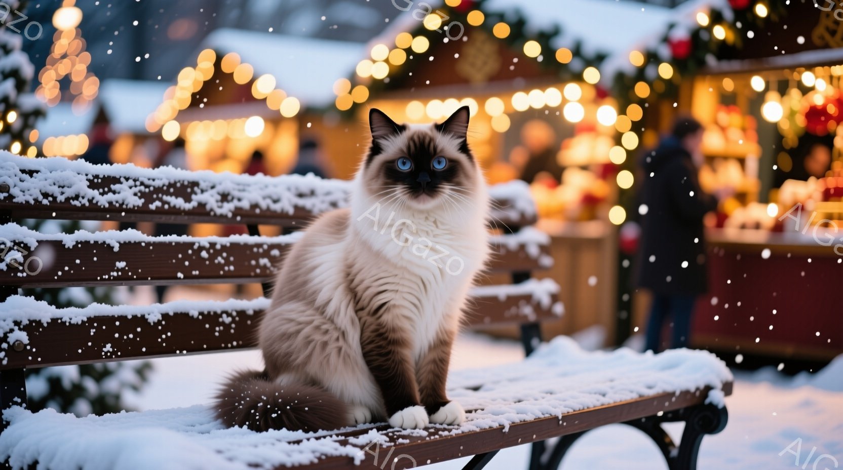 白い雪が降り積もる中、ベンチに座っているクリーム色のシャム猫が写っている。猫は青い目を輝かせ、リラックスした表情で正面を見つめている。背景には、クリスマスマーケットのような賑やかな光景がぼやけて写り、 - AI生成フリー素材