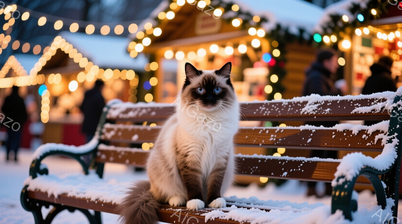 白と茶色の美しいシャム猫が、雪が積もった公園のベンチに座ってこちらを見ています。背景にはクリスマスのイルミネーションが輝き、木製の小屋が並び、冬の夜の幻想的な雰囲気を醸し出しています。雪が降っており、 - AI生成フリー素材