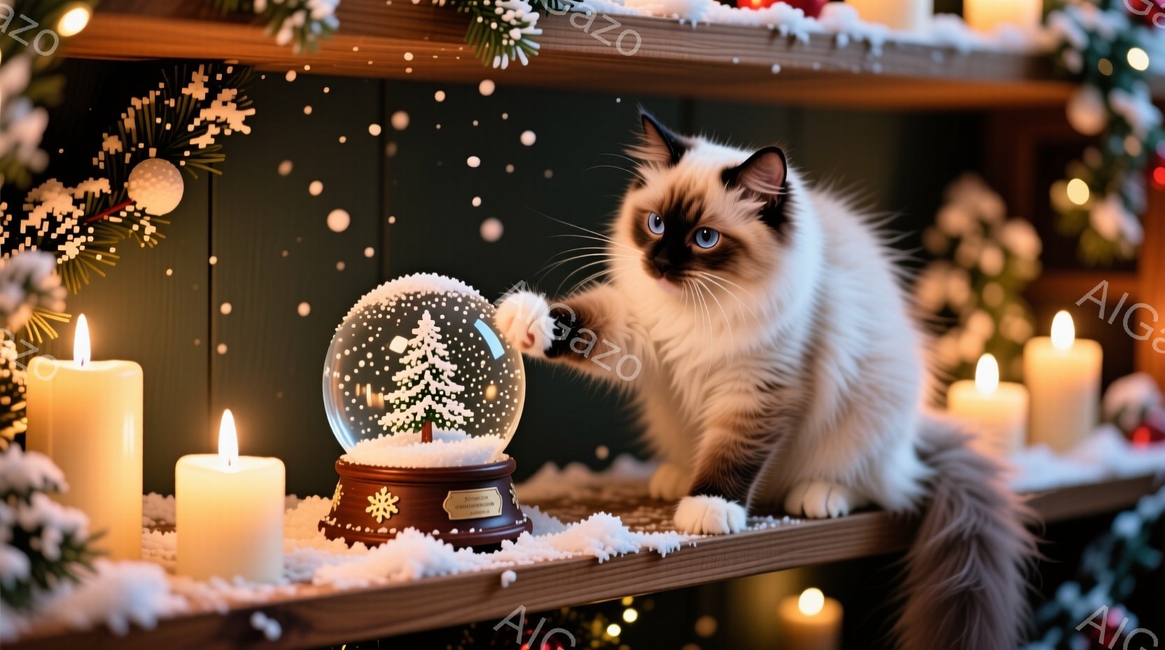 ふわふわのクリーム色の毛並みを持つ、美しいシャム猫が雪の結晶が入ったガラスのドームに前足を伸ばして触れようとしています。背景には、クリスマスツリーの飾りや輝くキャンドルが置かれ、雪が舞い降りる冬の暖かく幻想的な雰囲気が漂っています。全体的に優しい光が猫と雪景色を照らし、心温まるクリスマスの情景が広がっています。