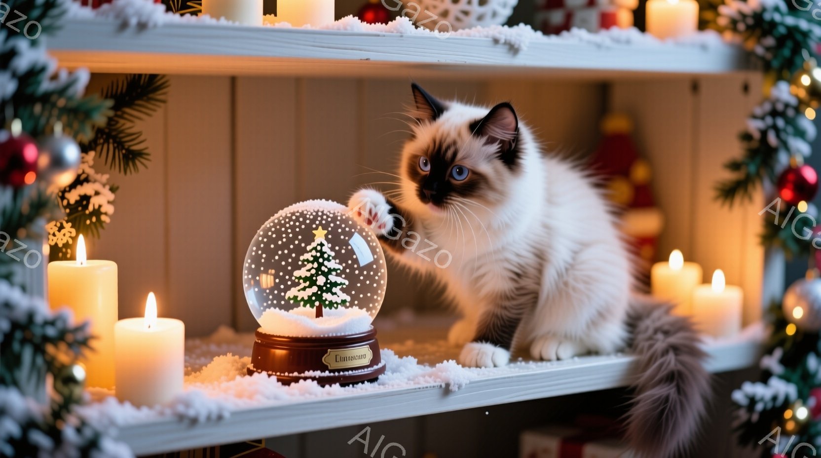 白い毛並みと青い瞳を持つ、美しいシャム猫が、雪の結晶が舞うクリスマスのオーナメントに手を伸ばしています。暖炉の棚に置かれたキャンドルやクリスマスツリーの飾りと共に、冬の温かく幻想的な雰囲気を醸し出して - AI生成フリー素材