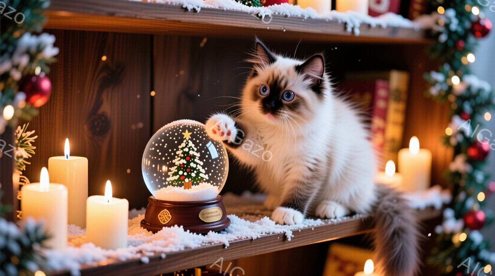 白いラグドール猫が、クリスマスツリーが入った雪の玉を前足で触ろうとしている姿が捉えられています。背景には、クリスマスツリーの飾り、白いキャンドル、そして雪が散りばめられた棚が見え、暖かく幻想的な雰囲気 - AI生成フリー素材