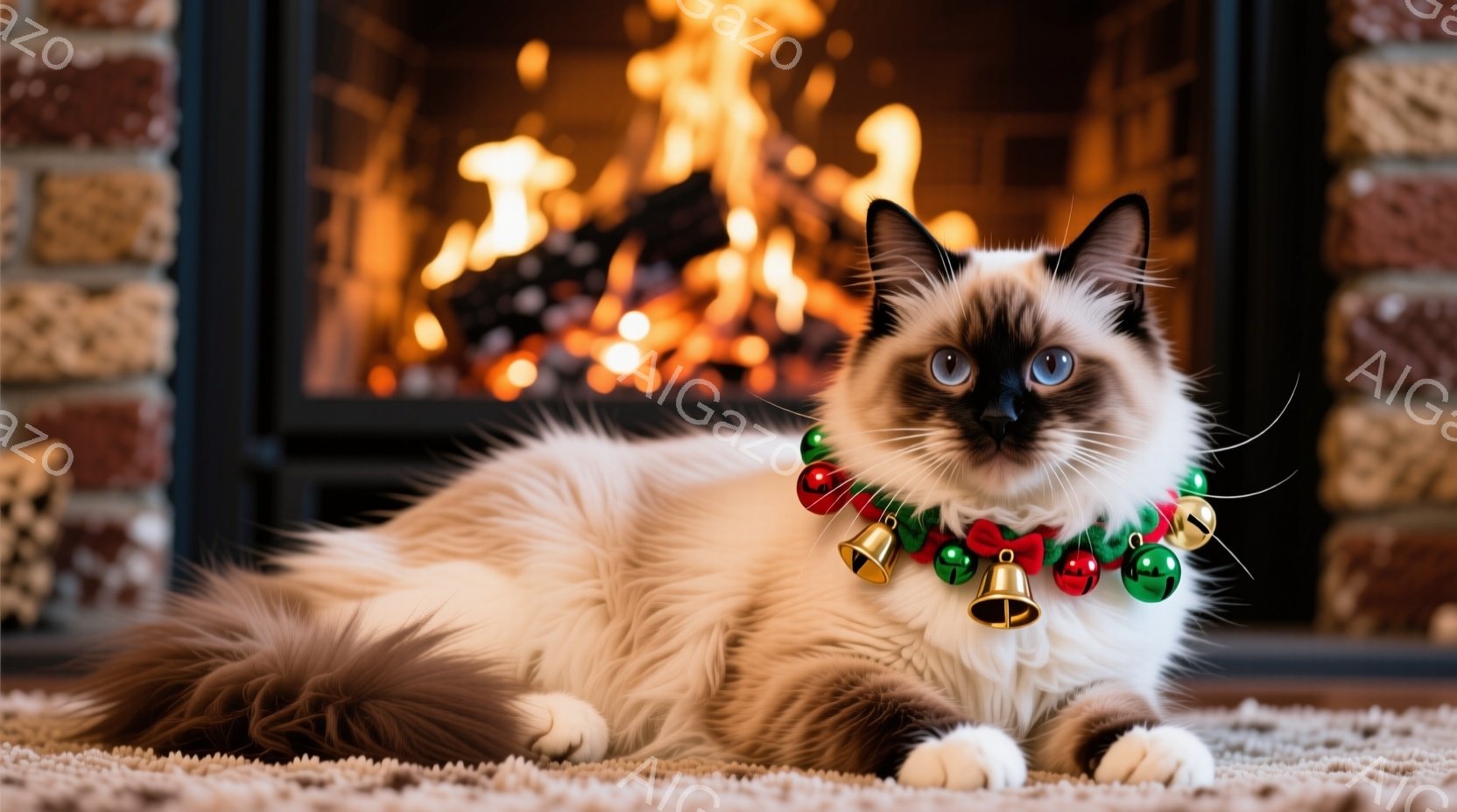 長毛のクリーム色の猫が、暖かいカーペットの上に横たわっています。首には、赤、緑、金色の鈴がついたクリスマス風の首輪が巻かれており、青い瞳がこちらを見つめています。背景にはレンガの暖炉があり、燃え盛る炎が猫の周囲を温かく照らし、冬の静かで心地よい雰囲気を醸し出しています。