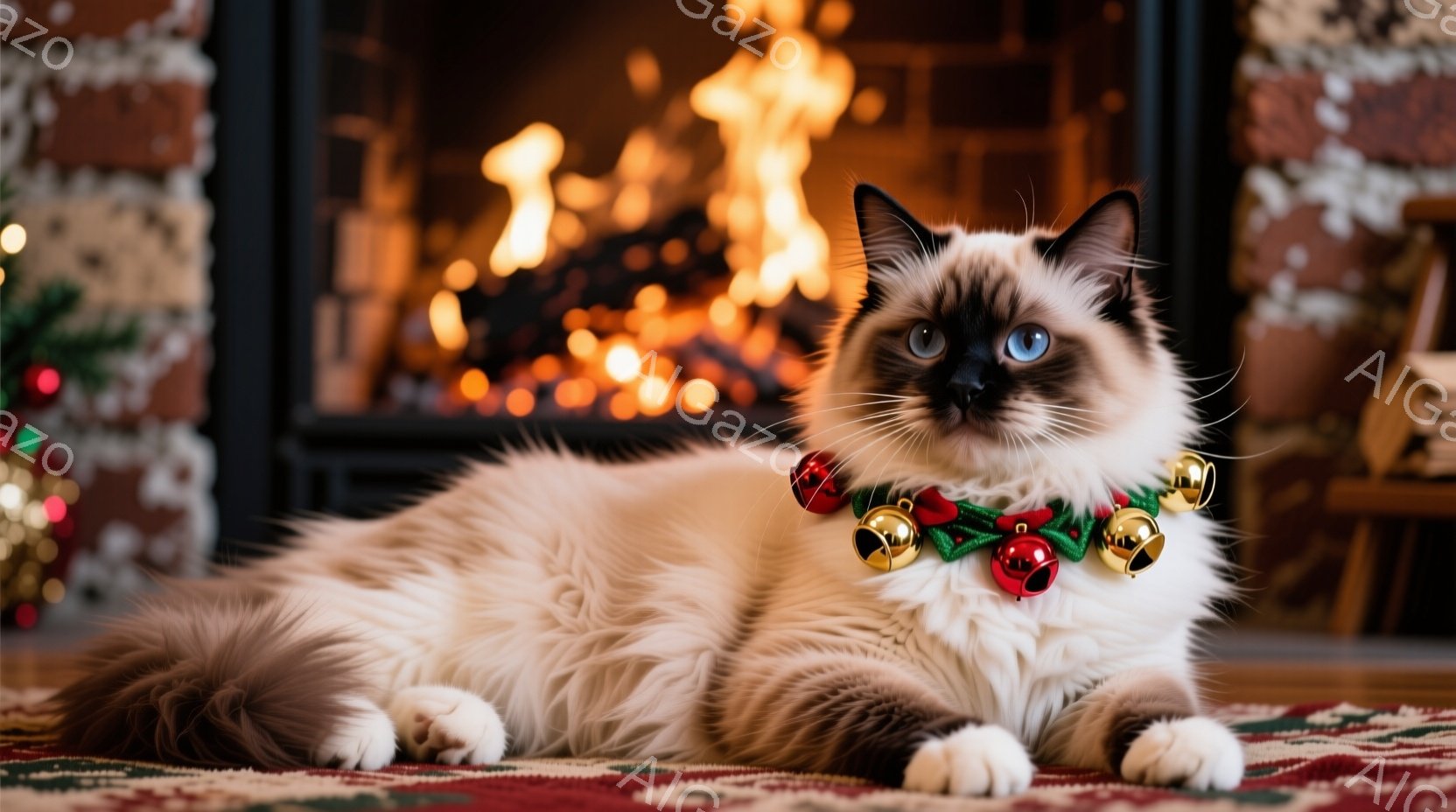 白とクリーム色の美しいシャム猫が赤い模様のカーペットの上に横たわっており、首にはクリスマスを象徴するベルとリボンがついた首輪をつけています。背景には暖炉があり、燃え盛る炎が猫を暖かく照らし出しています - AI生成フリー素材