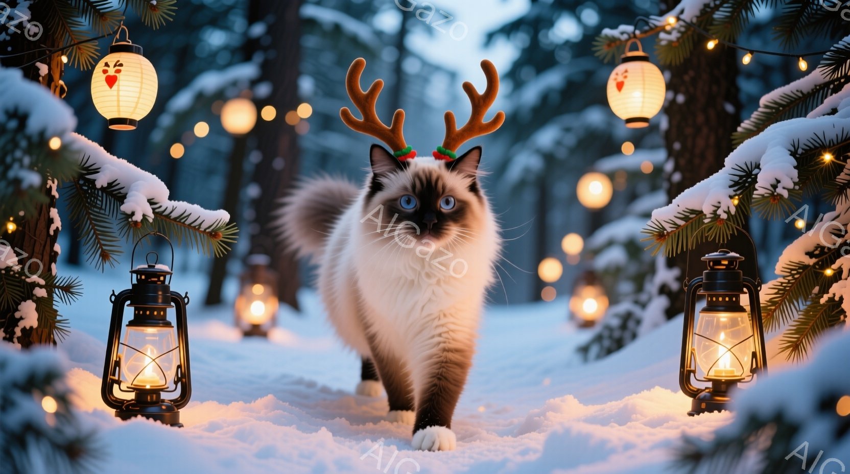 白い毛並みの美しい猫が、角のような飾りを頭に乗せて雪の中を歩いている。背景には、点灯したランタンや輝く光が散りばめられ、クリスマスのような幻想的な雰囲気を醸し出している。雪景色と暖かな光のコントラスト - AI生成フリー素材