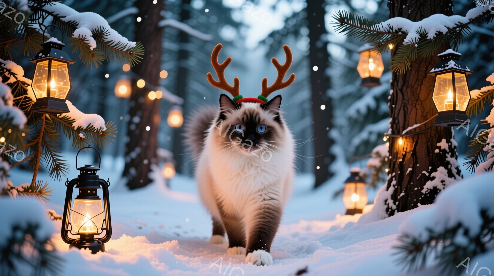 白と茶色の猫が雪景色の中を歩いている。頭には小さなトナカイの角が生えており、青い瞳が印象的だ。背景には雪に覆われた木々と、温かい光を放つランタンが点在し、幻想的な冬の雰囲気を醸し出している。 - AI生成フリー素材