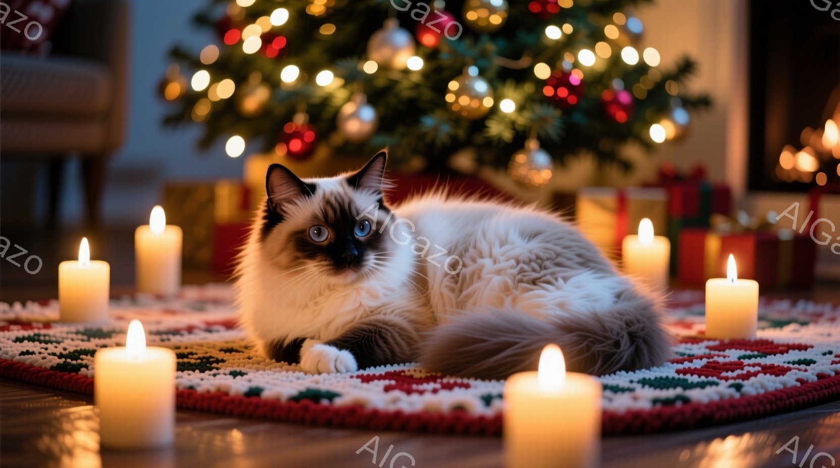 鮮やかなクリスマスツリーを背景に、美しい白と茶色の猫が赤い敷物の上でくつろいでいます。猫は正面を見つめ、リラックスした表情で、周囲には温かい光を放つキャンドルが配置されています。全体的に暖かく、穏やか - AI生成フリー素材