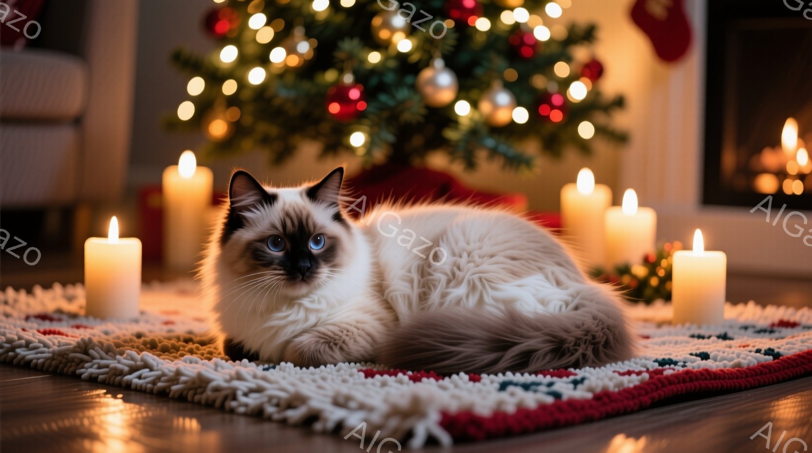 暖炉とクリスマスツリーの前で、美しいシャム猫が赤い敷物の上でゆったりと横たわっています。猫は落ち着いた表情で、周りには灯されたキャンドルが暖かく照らしています。背景にはぼんやりとクリスマスの装飾が映り - AI生成フリー素材