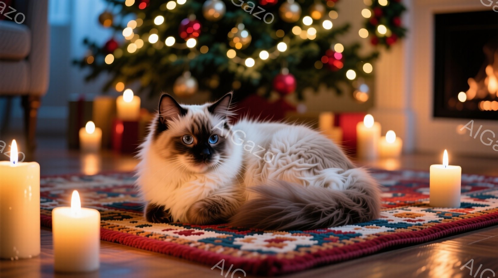 白いラグの上で、美しいクリーム色のラグドール猫が横たわっています。周りには点灯したキャンドルが置かれ、背景にはクリスマスツリーと暖炉が見え、温かく幻想的な雰囲気が漂っています。猫はリラックスした様子で - AI生成フリー素材