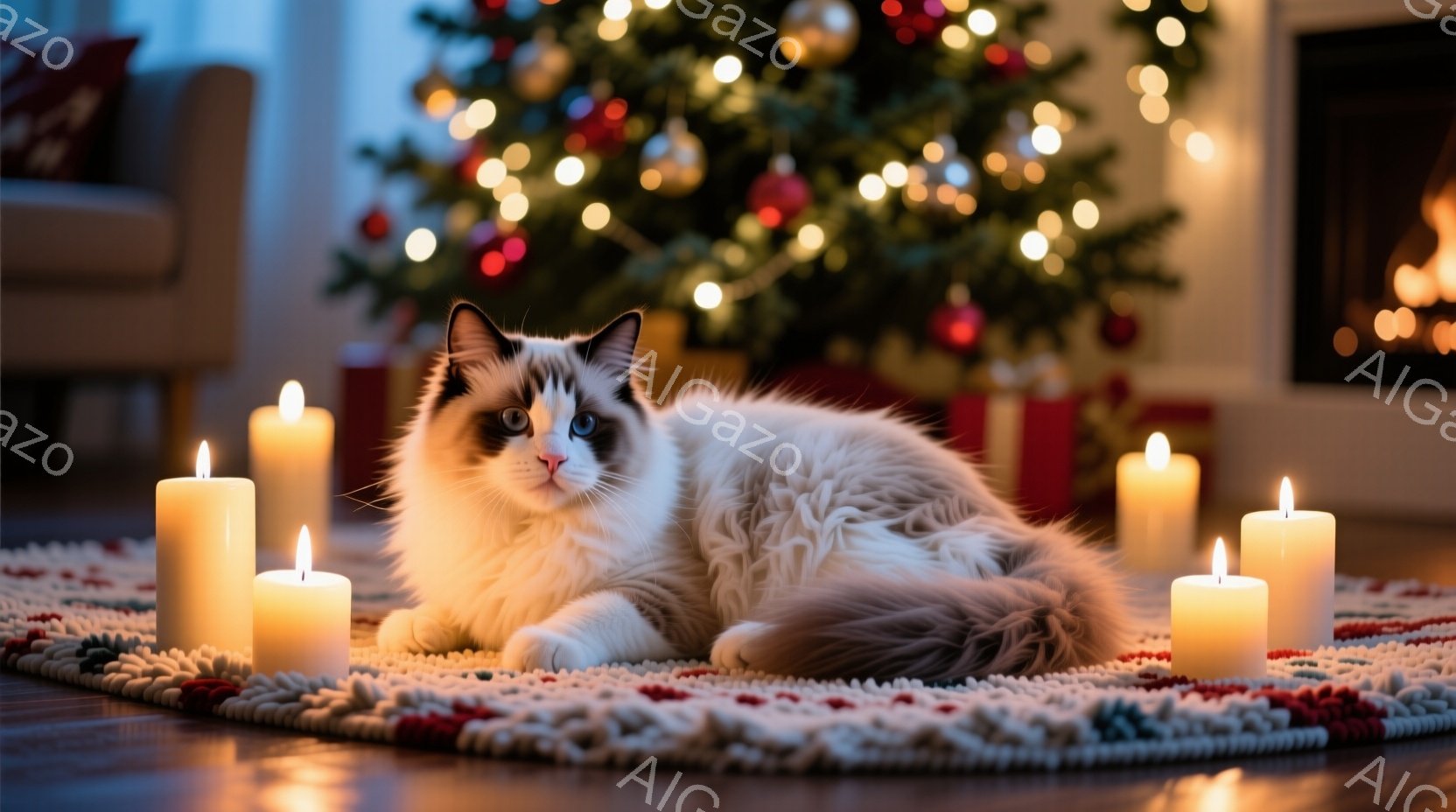 白いラグの上に、美しいブルーマールの猫が横たわっています。周囲には暖かく光るキャンドルが並べられ、背景にはクリスマスツリーが輝いています。暖炉の火の光とキャンドルの明かりが、猫を優しく照らし出し、穏や - AI生成フリー素材