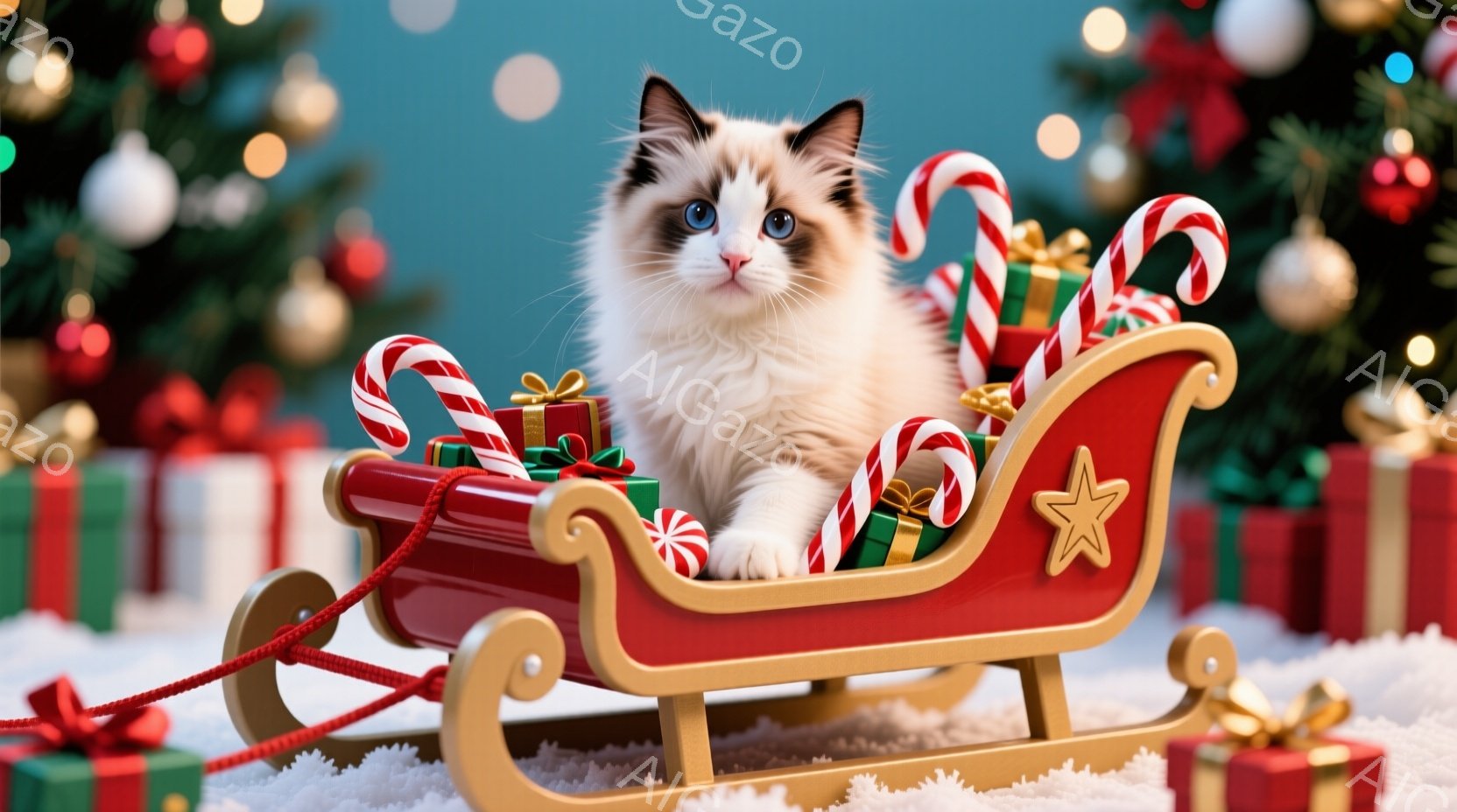 白い毛並みに薄い茶色の模様が入った子猫が、赤いそりに座ってこちらを見ています。 そりの周りにはキャンディケーンや緑と赤のリボンで飾られたプレゼントが置かれ、背景にはクリスマスツリーがぼやけて見え、雪の - AI生成フリー素材