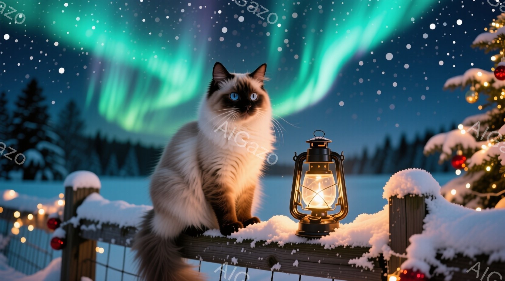 縞模様の猫がサンタ帽を被り、雪が積もった家の玄関ポーチに座っています。背景にはクリスマスの飾り付けが施された家があり、赤い提灯や緑のリースが暖かさを添えています。雪が舞い散る冬の日の、可愛らしく穏やか - AI生成フリー素材