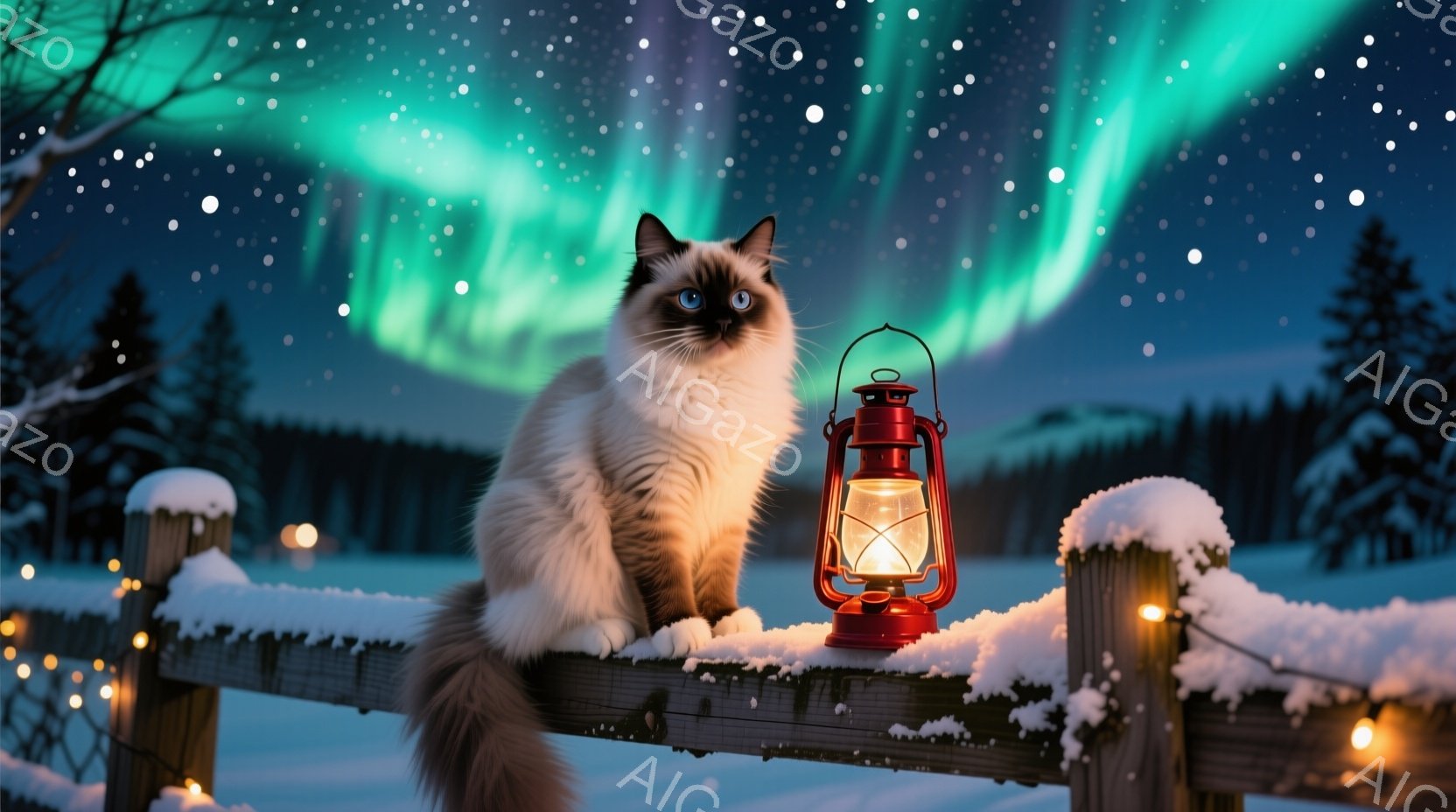 白くてふわふわした猫が雪に覆われた柵の上に座っており、目は青く輝いている。背景には、針葉樹林とオーロラが広がり、雪の降る夜の幻想的な雰囲気を醸し出している。赤いランタンが猫の横に置かれ、温かい光が雪景 - AI生成フリー素材