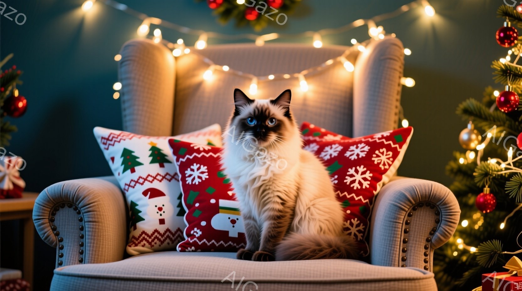 白を基調とした長毛の猫が、クリスマスの柄のクッションに囲まれたアームチェアに座っています。猫は青い目を持ち、穏やかな表情で正面を見つめており、周囲にはクリスマスツリーの飾りや電飾が暖かく光り、冬のホリデシーズンらしい雰囲気を醸し出しています。背景は落ち着いた色調で、猫の毛並みとクリスマスの装飾が際立ち、優雅で居心地の良い空間が表現されています。