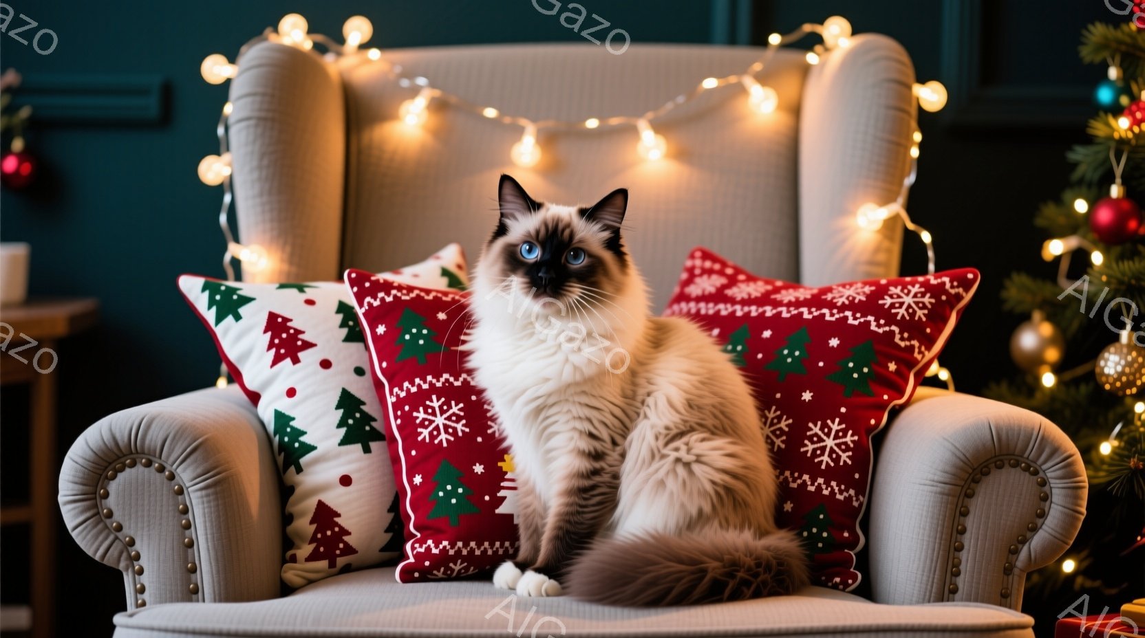 白を基調とした長毛のシャム猫が、クリスマスの模様が描かれたクッションに囲まれたアームチェアに座っている。猫は正面をまっすぐ見つめ、青い瞳が印象的で、毛並みはふんわりとしていて美しい。背景にはクリスマスツリーが飾られ、温かい光が灯っており、全体的に穏やかでクリスマスの雰囲気が漂う。