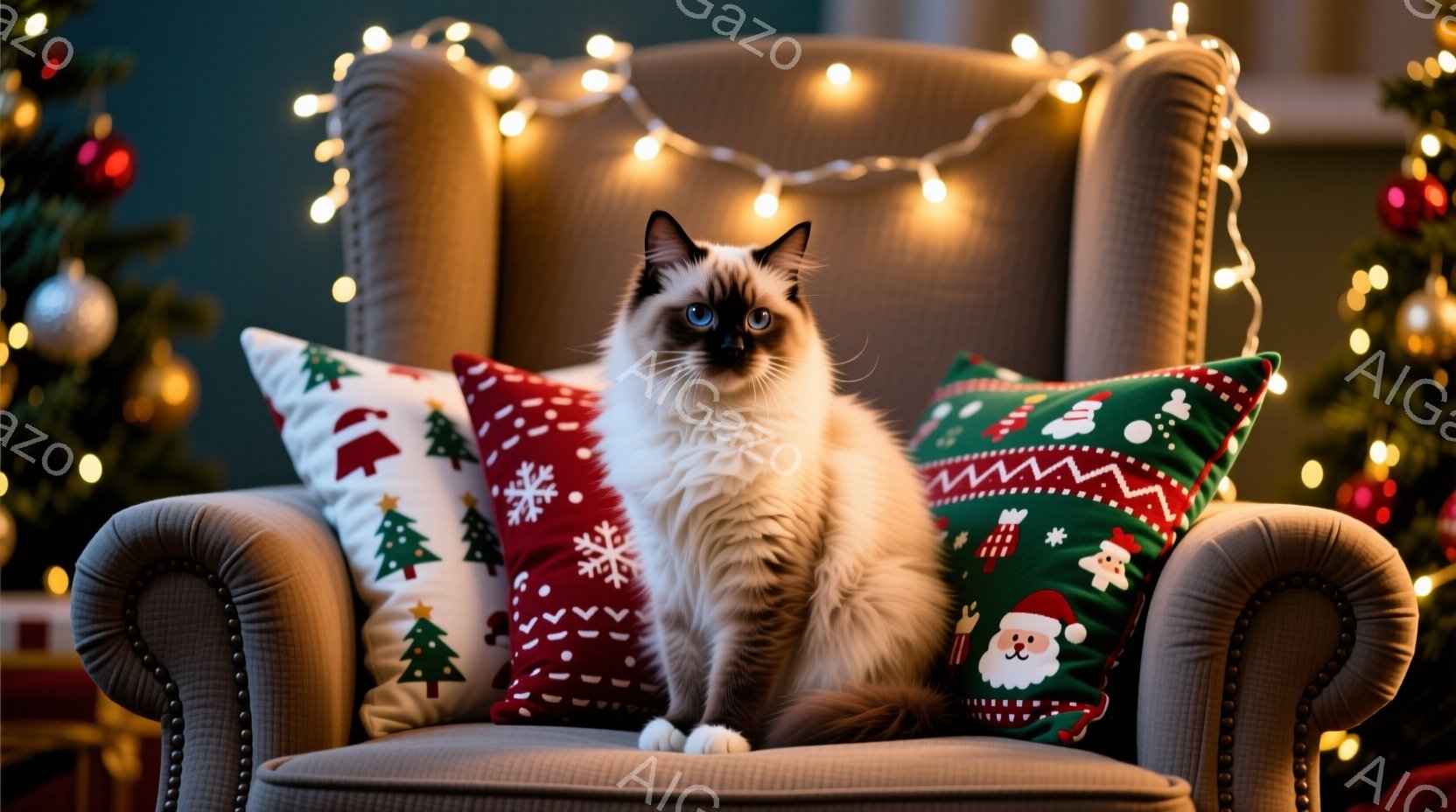 白い長毛の猫が、クリスマスの飾り付けがされたアームチェアに座っています。背景にはクリスマスツリーがぼやけて見え、暖色のイルミネーションが猫と椅子を照らしています。猫はまっすぐ前を見ており、その毛並みは美しく、全体的に暖かく穏やかな雰囲気が漂っています。