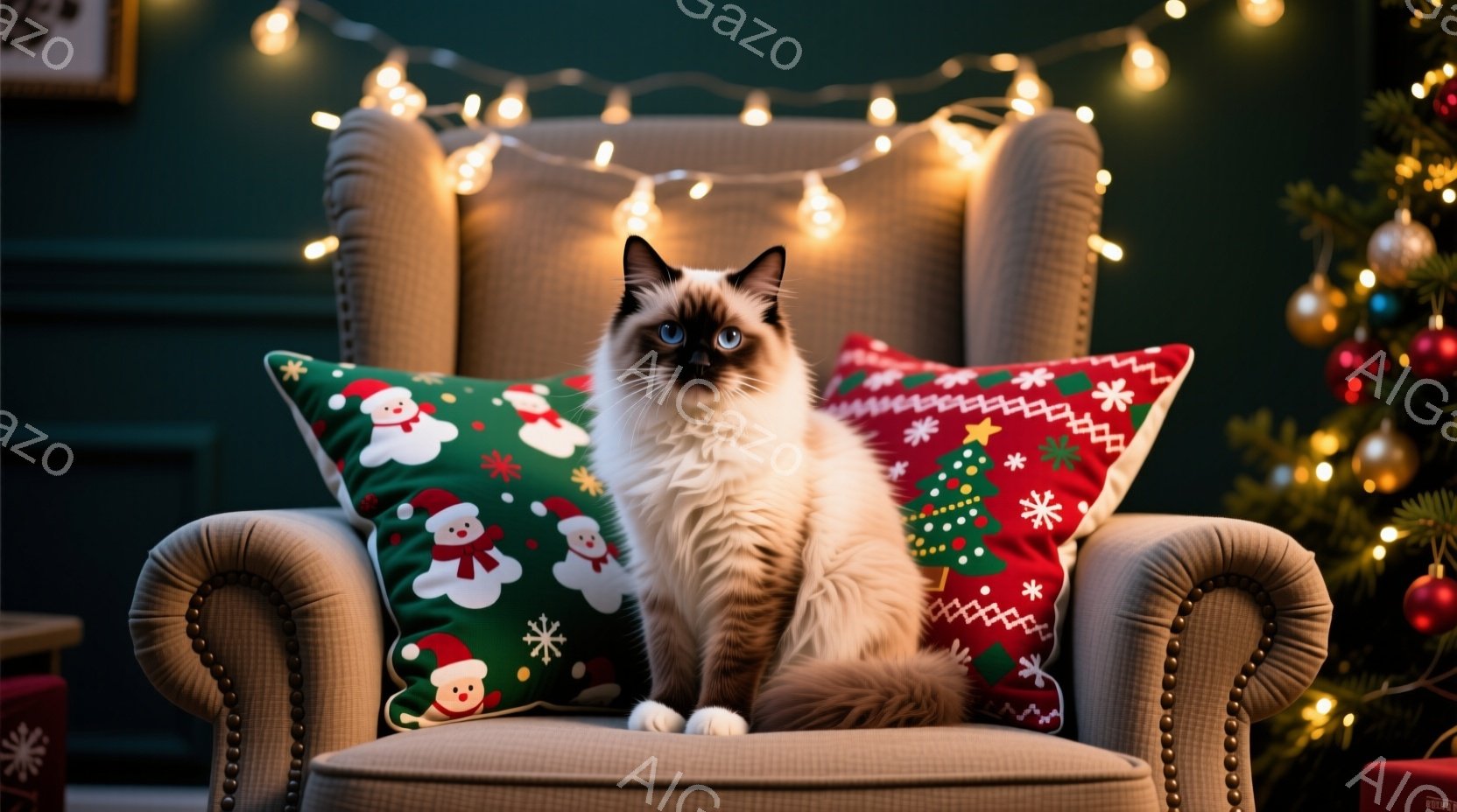 白と茶色の美しいシャム猫が、クリスマスの柄のクッションが置かれた肘掛け椅子に座っています。背景には、クリスマスツリーの明かりとプレゼント箱が見え、温かくお祝いムードに包まれています。猫は前を向き、穏や - AI生成フリー素材