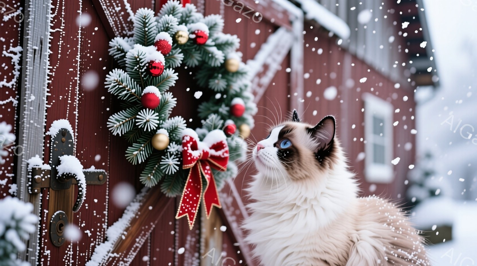 白と茶色の美しい猫が、赤い壁の建物のそばで上を見上げています。背景には、クリスマスリースが飾られ、雪が舞う冬の風景が広がっています。猫の視線はどこか遠くを捉え、穏やかで神秘的な雰囲気が漂っています。 - AI生成フリー素材