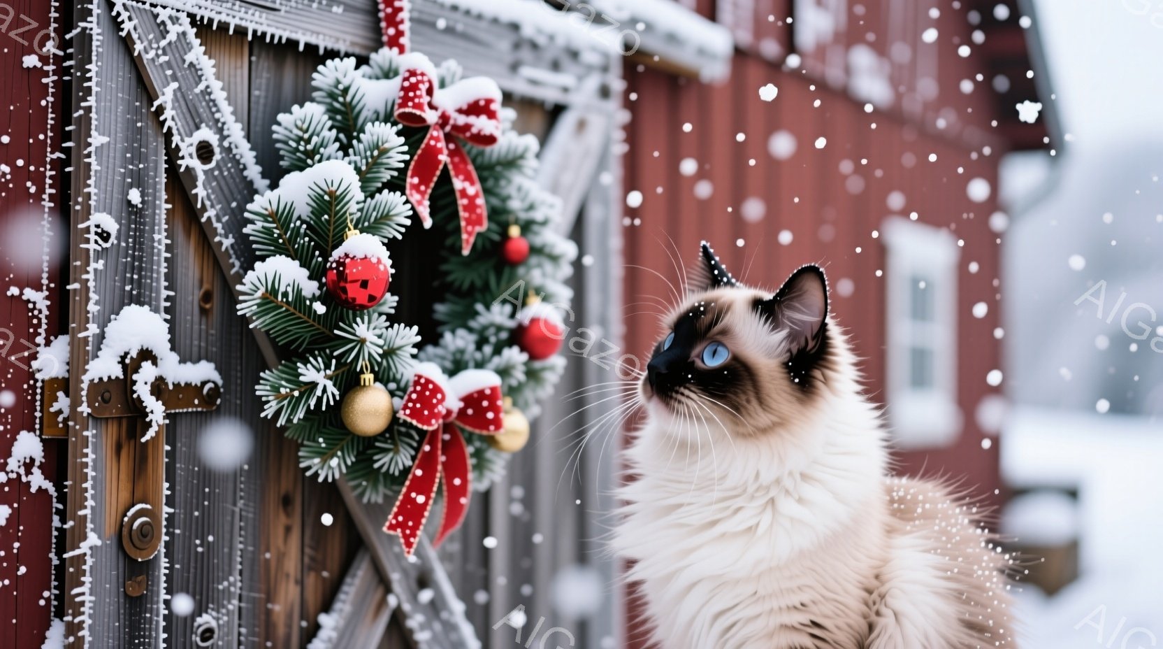 鮮やかな雪が降る中で、茶色と白のシャム猫が木製の赤いドアに飾られたクリスマスリースを見上げています。猫はふわふわとした毛並みで、青い瞳が印象的です。背景は雪で覆われた古びた木造建築物で、クリスマスの雰 - AI生成フリー素材