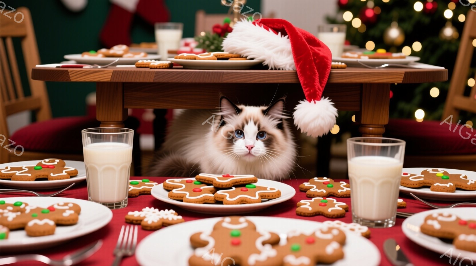 テーブルの上にはジンジャーブレッドクッキーと牛乳が置かれ、その中央に白い猫がクリスマスツリーの帽子をかぶって座っています。猫はカメラを見つめ、少しいたずらっぽい表情をしています。背景にはぼやけたクリス - AI生成フリー素材