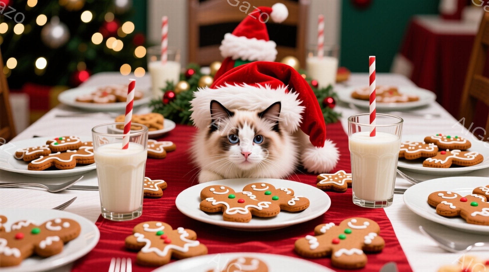 暖炉のそばで、美しいベンガル猫が毛皮のような敷物の上でリラックスして横たわっています。背景には、クリスマスツリーとプレゼントが置かれたかごが見え、暖炉の炎が温かい光を投げかけています。赤い靴下を履いた人の足も写っており、クリスマスの温かく心地よい雰囲気が漂っています。