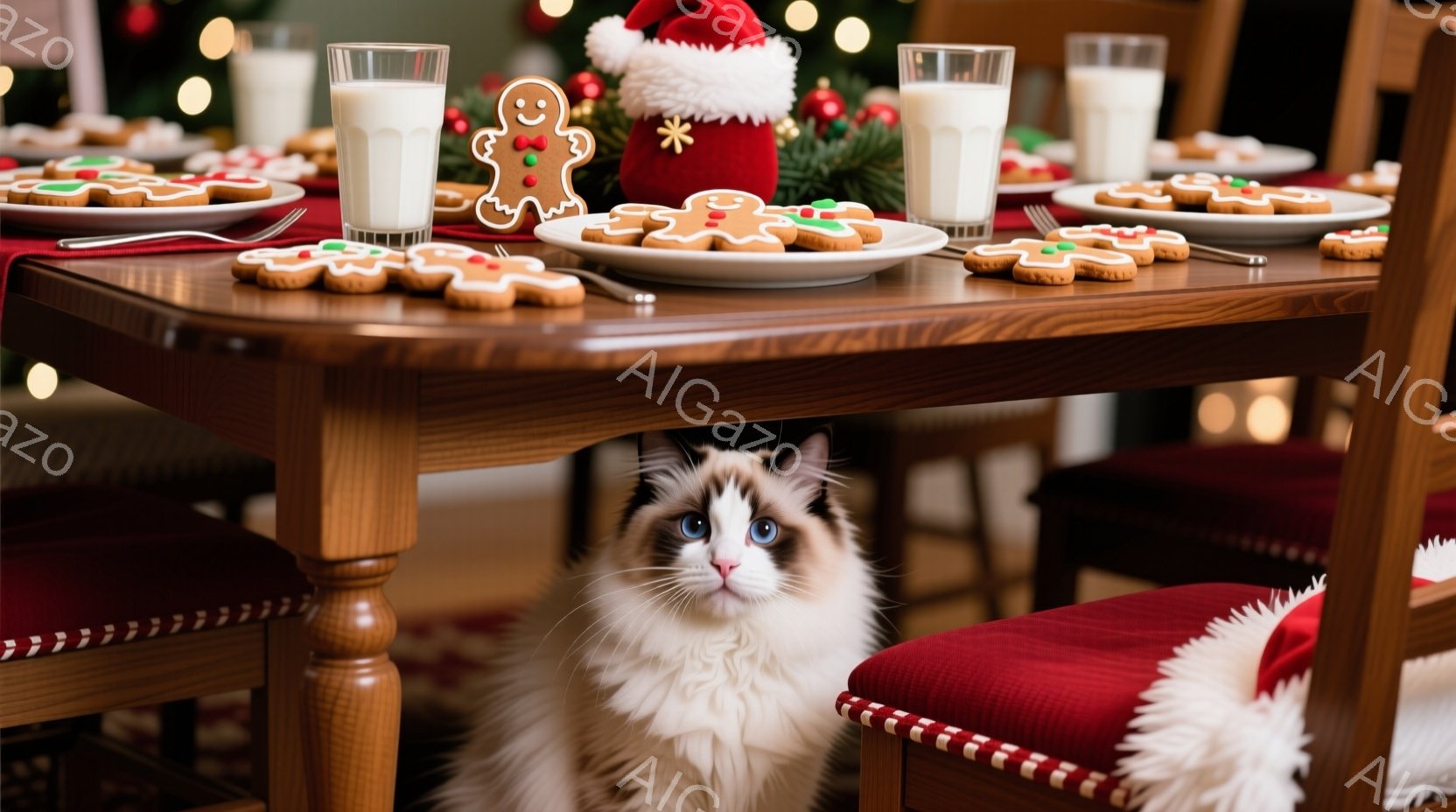 暖炉の光が差し込むダイニングテーブルを背景に、ふわふわの白と茶色の猫が正面を見つめています。テーブルには赤いテーブルクロスが敷かれ、ジンジャーブレッドクッキーやミルクが置かれたお皿、サンタの帽子が飾ら - AI生成フリー素材