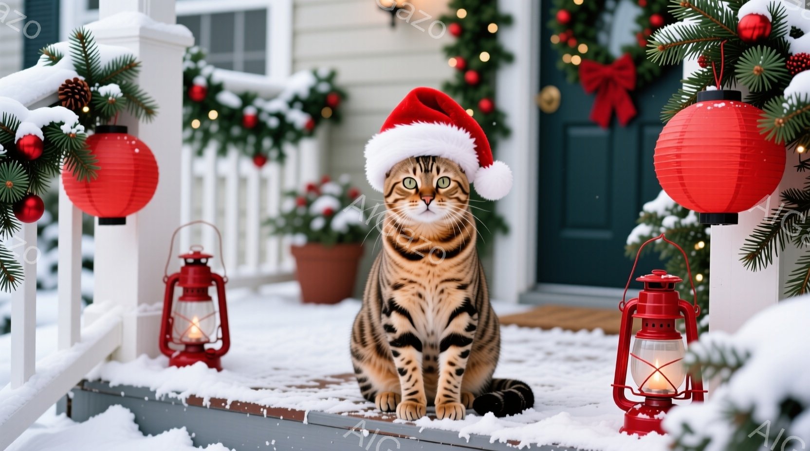 縞模様の猫が赤いサンタの帽子をかぶり、雪で覆われた家のポーチに座っています。背景には、クリスマスリースや赤い提灯が飾られ、雪が降り積もる冬の景色が広がっています。暖かく、お祝いの雰囲気で、猫はリラック - AI生成フリー素材