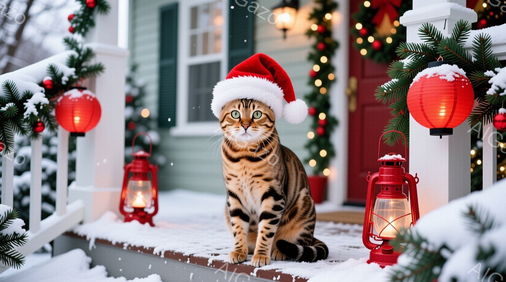 縞模様の大きな猫が、赤いサンタ帽をかぶり、家の外の雪の積もった階段に座っています。背景には、クリスマスツリーの飾り付け、赤い提灯、そして雪が舞う冬の風景が見られます。全体的に、温かく、お祝いムードにあ - AI生成フリー素材