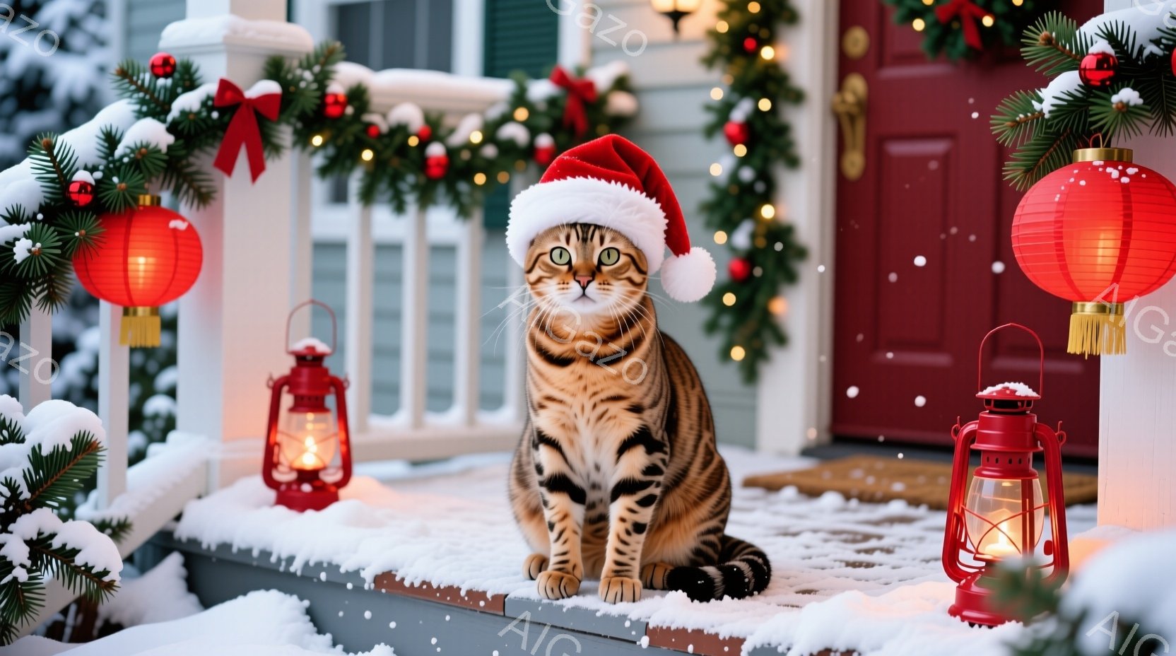 茶色のトラ柄の猫が、赤いサンタの帽子を被って、雪の積もった家の外の階段に座っています。背景には、クリスマス飾りのついた玄関ドアと、赤い提灯と装飾が施された植物が見え、雪が静かに降っています。全体的に、 - AI生成フリー素材