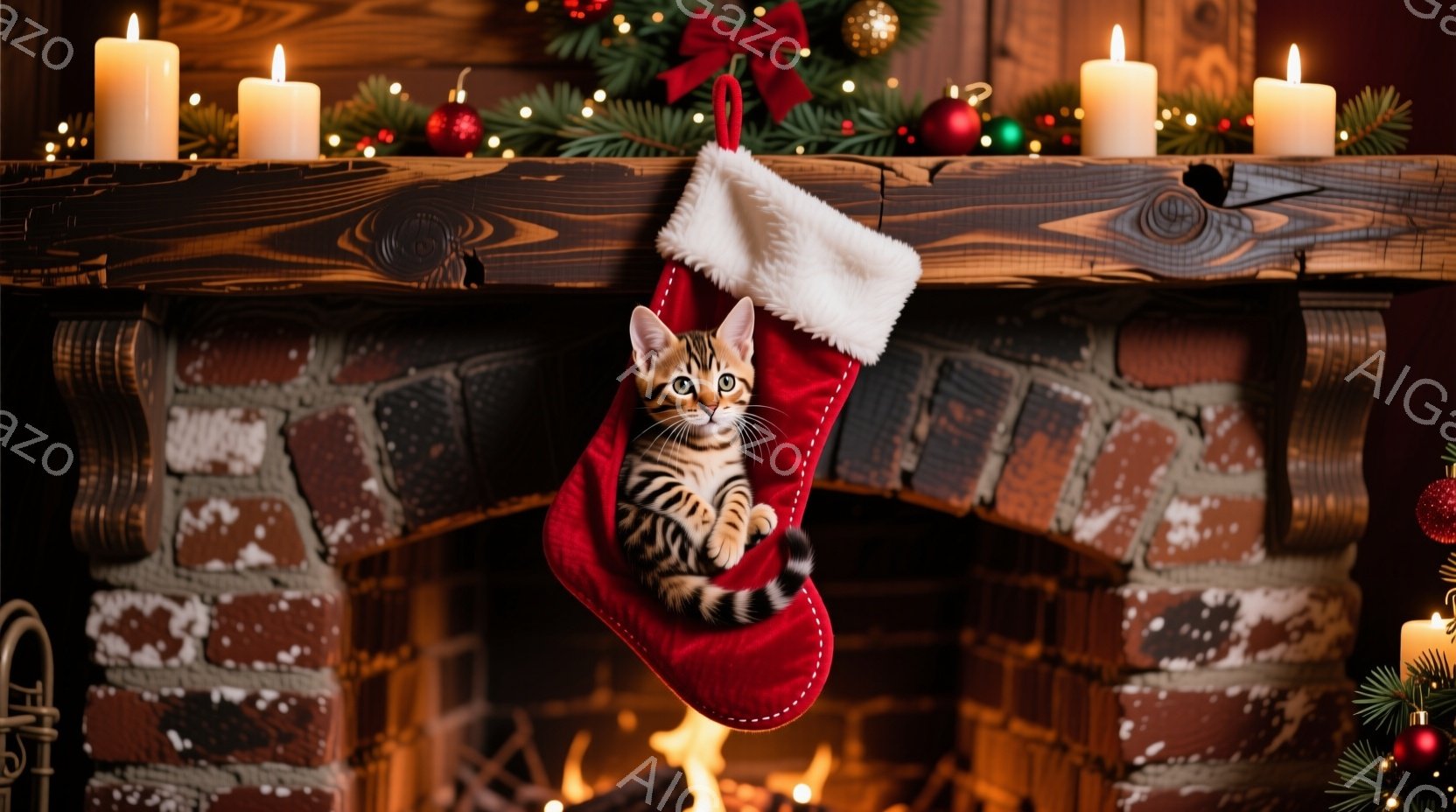 赤いクリスマスストッキングの中に、縞模様の小さな子猫が丸まって座っています。暖炉の赤いレンガの壁と、緑のクリスマスツリーの飾り、そして点灯しているキャンドルが背景にあり、クリスマスの温かく心地よい雰囲 - AI生成フリー素材