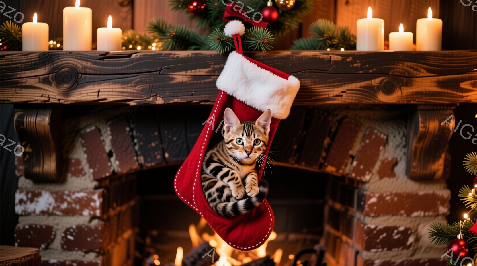 赤いクリスマスストッキングの中に、縞模様の小さな子猫が丸まって座っています。暖炉のレンガ造りの背景と、点灯したキャンドルやクリスマスツリーの飾り付けが暖かく、お祝いの雰囲気を醸し出しています。子猫は好 - AI生成フリー素材