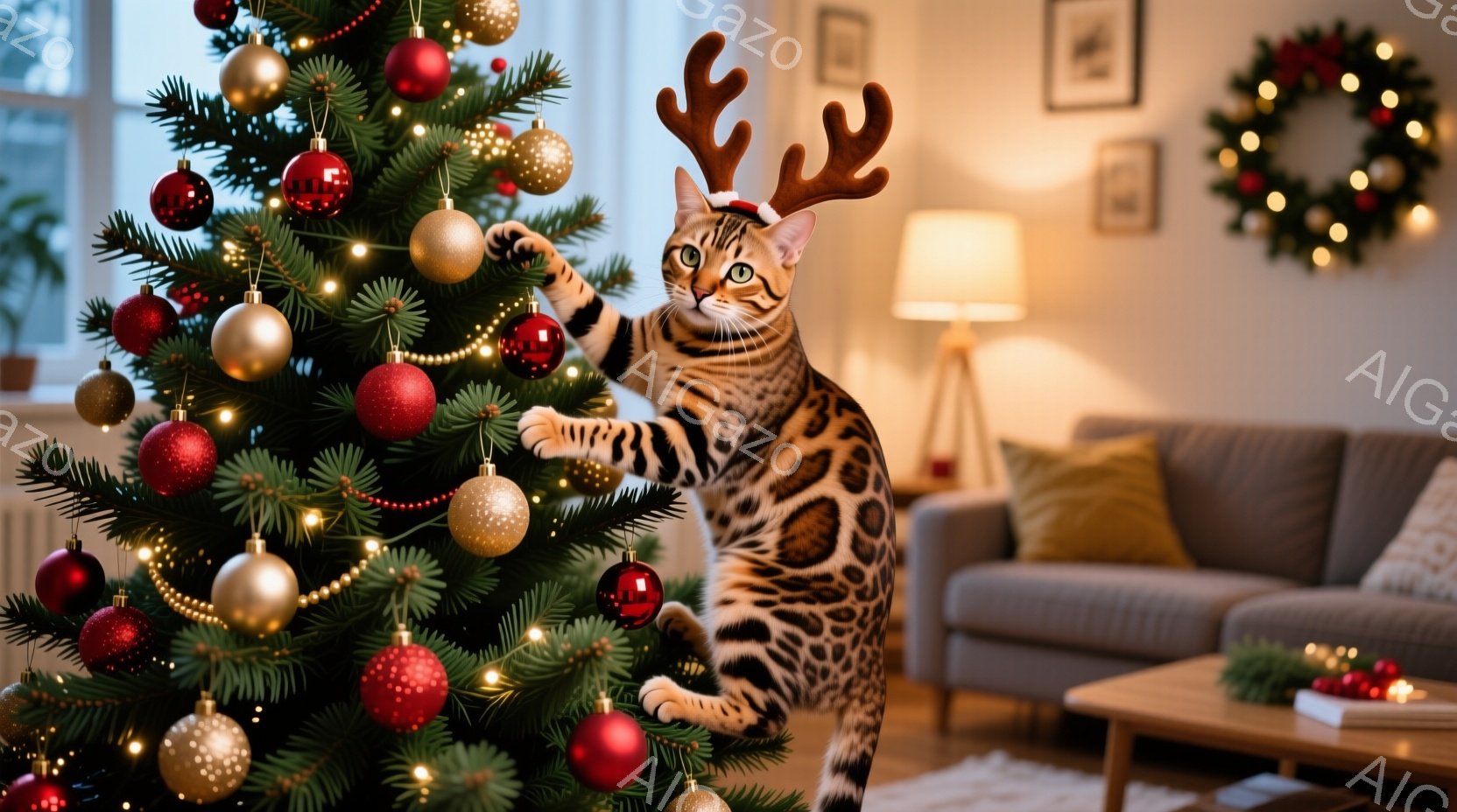 部屋の中には、クリスマスツリーが飾られ、その上を模様の猫がよじ登っている。猫は角のような飾りを頭に付けており、ツリーのオーナメントに手を伸ばしている。背景には灰色のソファやテーブル、そして暖かい光が部 - AI生成フリー素材