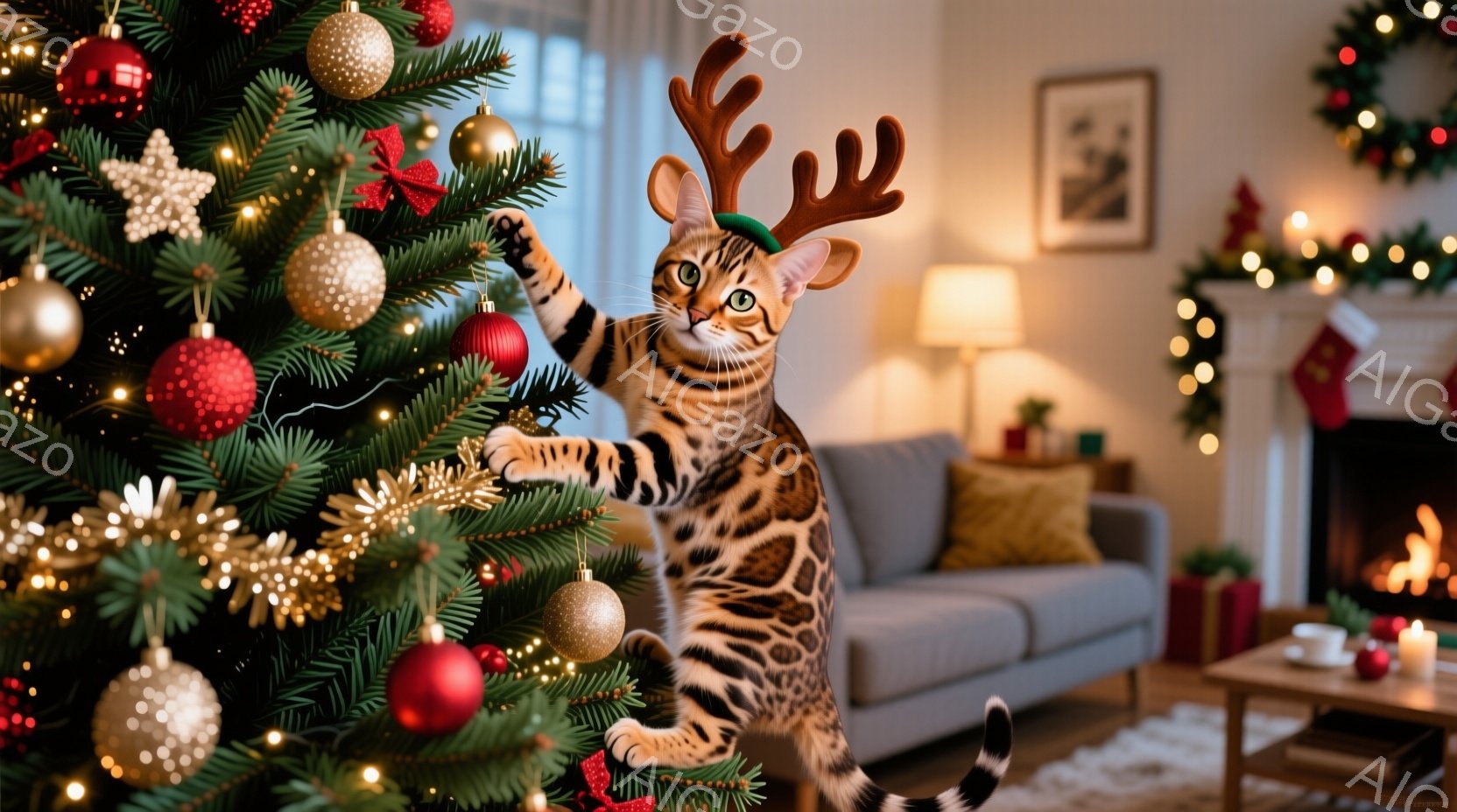 クリスマスツリーによじ登っているトラ柄の猫が描かれています。猫は角の形をしたヘッドバンドをつけており、少し驚いたような表情で、片方の前足を伸ばしてオーナメントに触れようとしています。背景には、暖炉、ソ - AI生成フリー素材